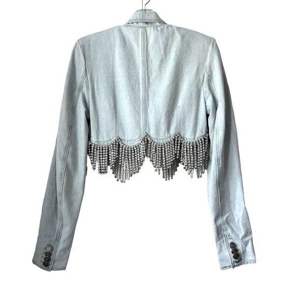 ⚡️⚡️AREA Scalloped Embellished Cropped Denim Jacket in Pale Blue, Size 4,NWT - Picture 13 of 17